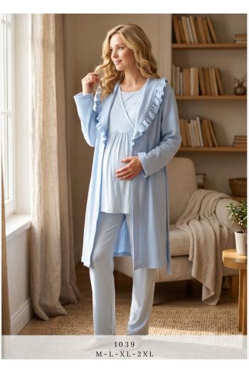 Mavi Kışlık Bebe Yaka Sabahlıklı Kruvaze Lohusa Pijama Takımı 1039